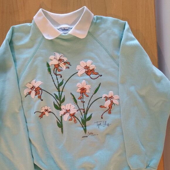 Vintage 80s Goldsmith's Critters Tiger Lillies Pun Collared Sweatshirt - Picture 2 of 9